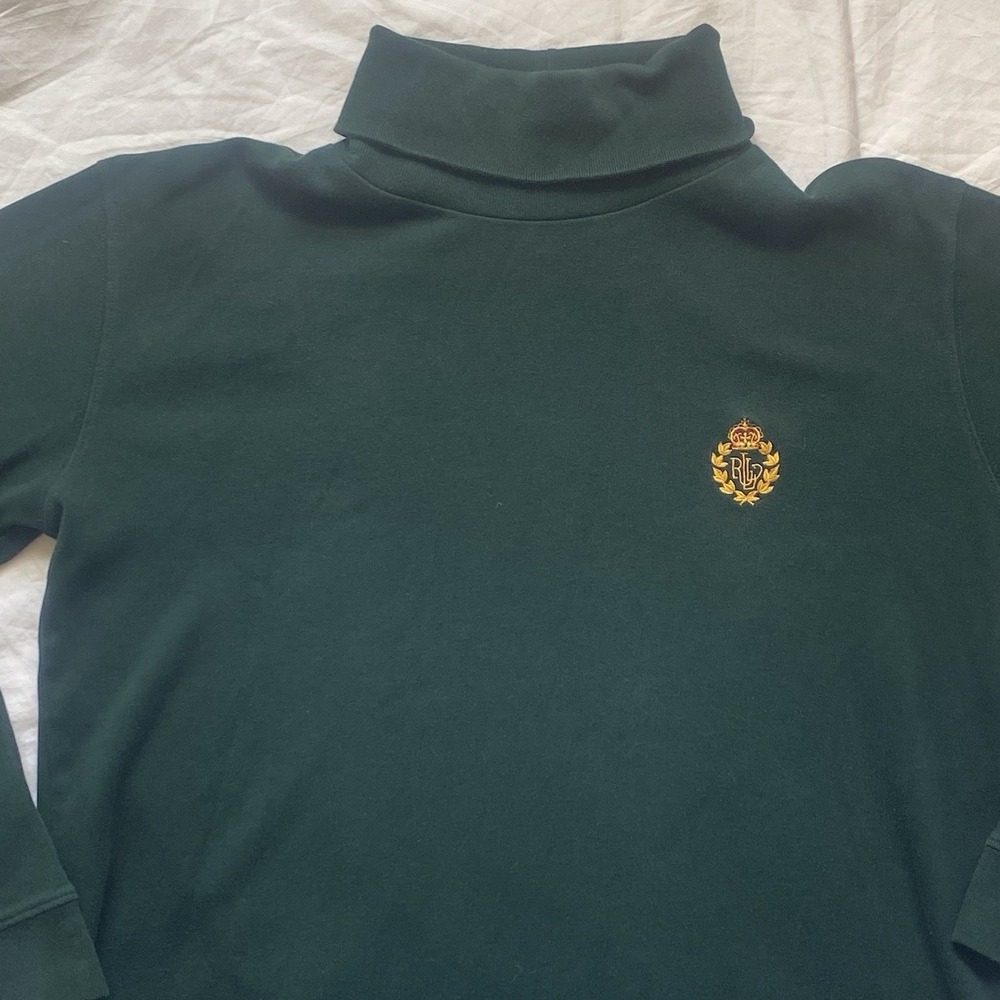 Lauren Ralph Lauren Autumn Green Cotton Turtleneck Crest Logo Top Petite Med